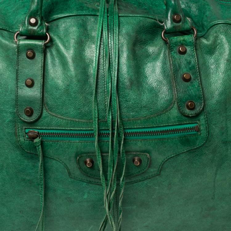 Pre Owned Balenciaga Green Leather Motorcross Voyage Duffel Bag