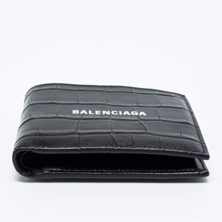 Pre Owned Balenciaga Black Croc Embossed Leather Logo Bifold Wallet