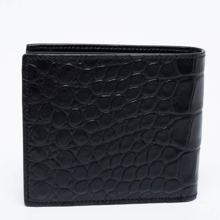 Pre Owned Balenciaga Black Croc Embossed Leather Logo Bifold Wallet