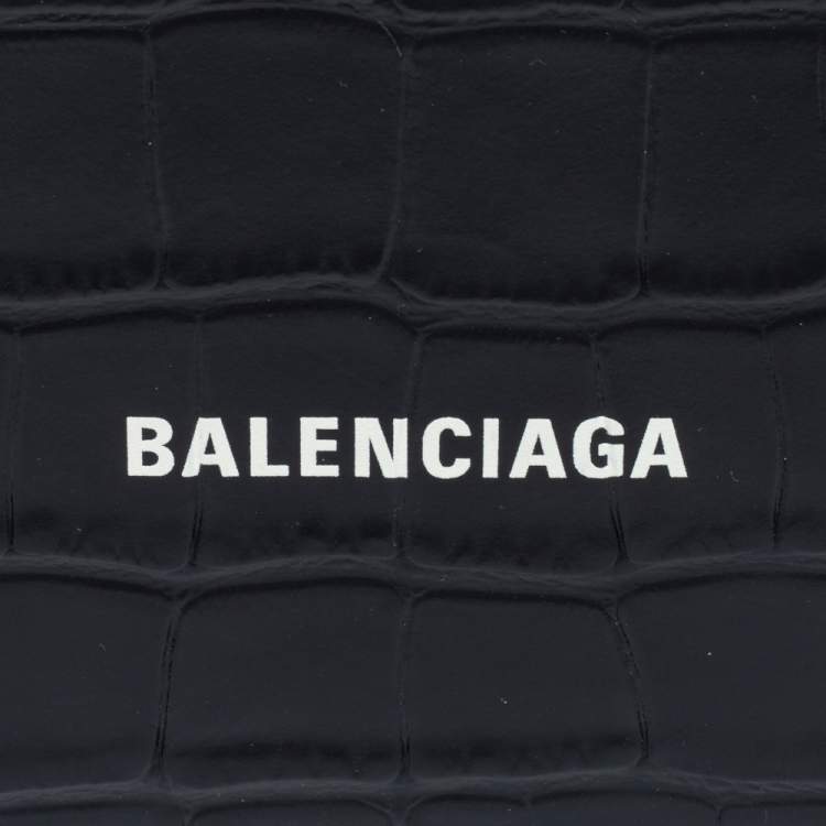 Pre Owned Balenciaga Black Croc Embossed Leather Logo Bifold Wallet
