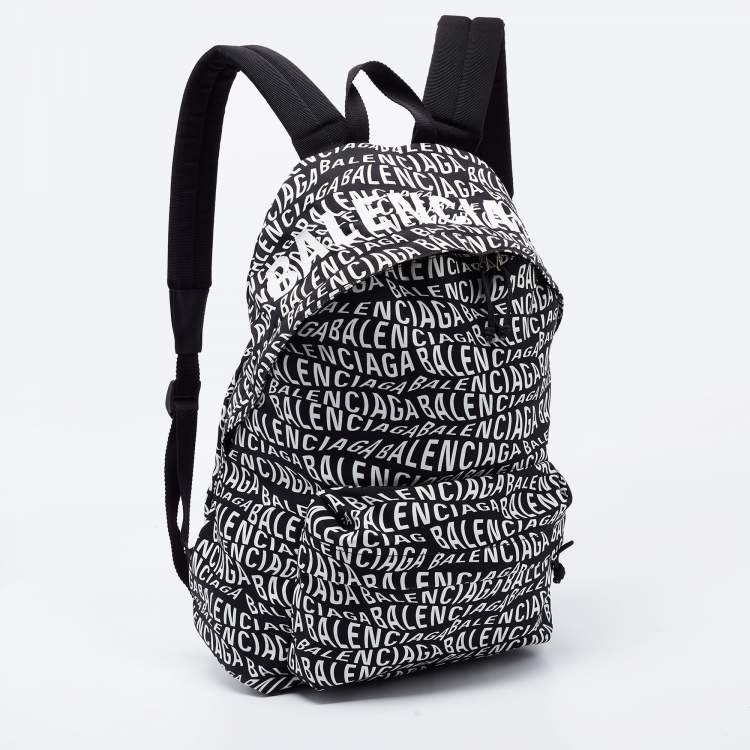 Pre Owned Balenciaga Black/White All Over Logo Print Nylon Backpack