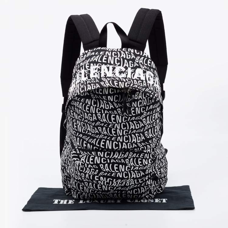 Pre Owned Balenciaga Black/White All Over Logo Print Nylon Backpack