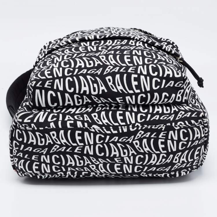 Pre Owned Balenciaga Black/White All Over Logo Print Nylon Backpack