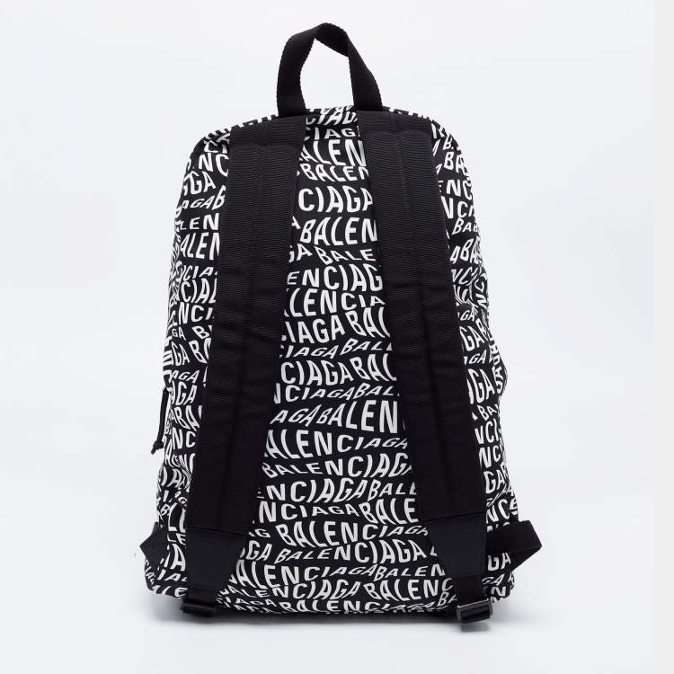 Pre Owned Balenciaga Black/White All Over Logo Print Nylon Backpack