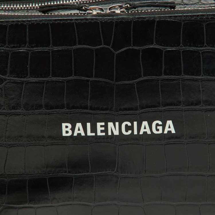 Pre Owned Balenciaga Black Croc Embossed Leather Wristlet Pouch