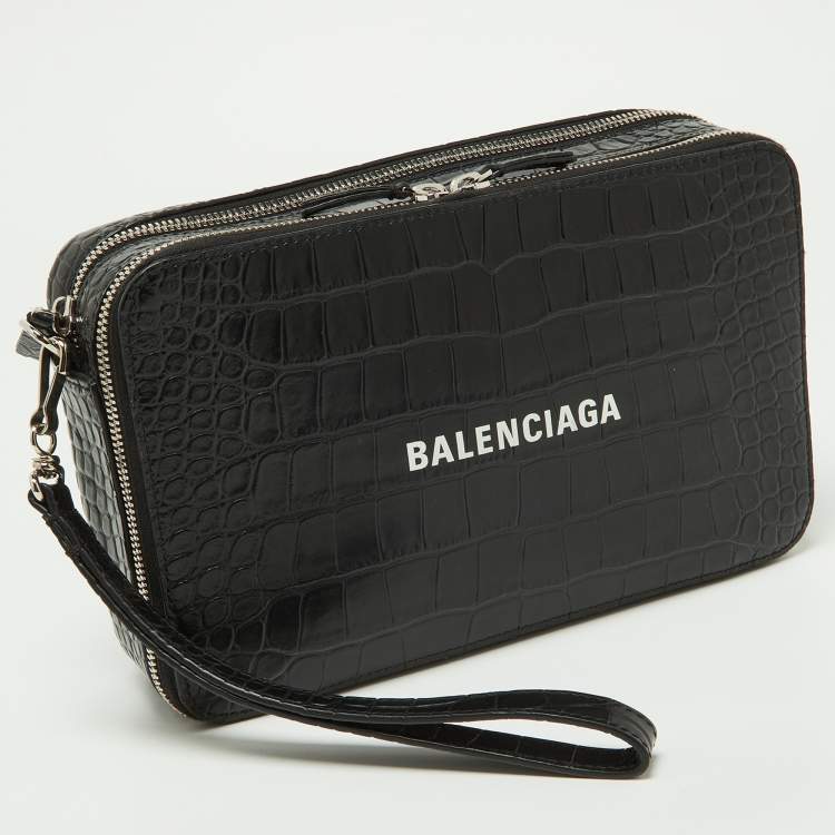 Pre Owned Balenciaga Black Croc Embossed Leather Wristlet Pouch