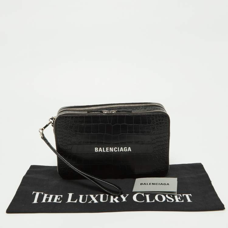 Pre Owned Balenciaga Black Croc Embossed Leather Wristlet Pouch