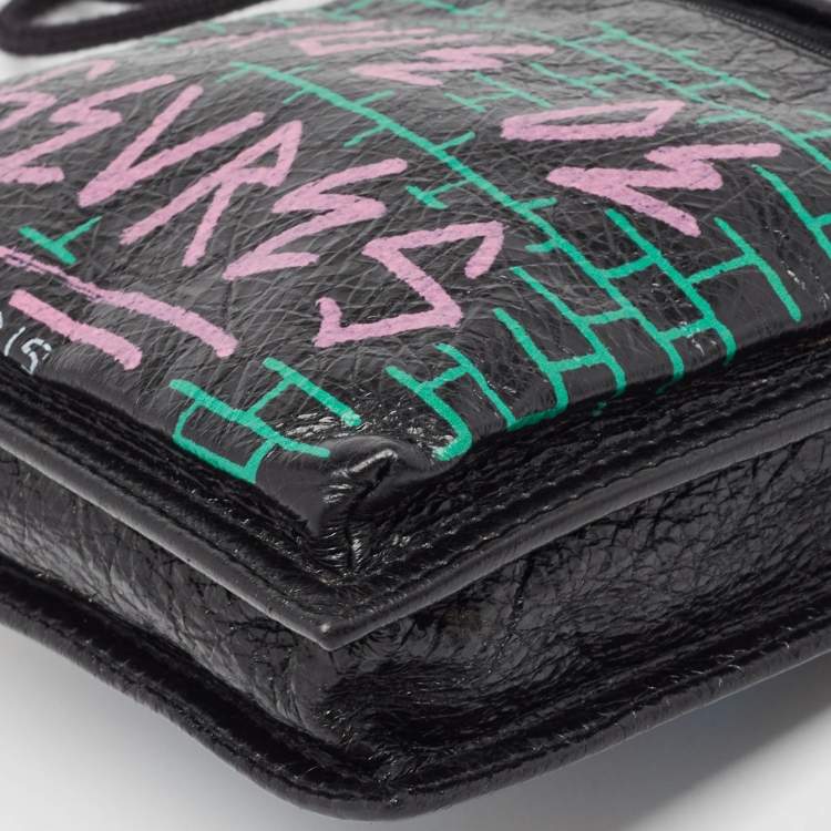 Pre Owned Balenciaga Black Crinkled Leather Graffiti Explorer Strap Pouch