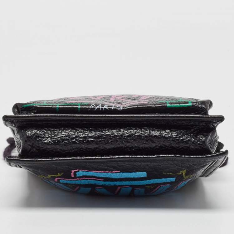 Pre Owned Balenciaga Black Crinkled Leather Graffiti Explorer Strap Pouch