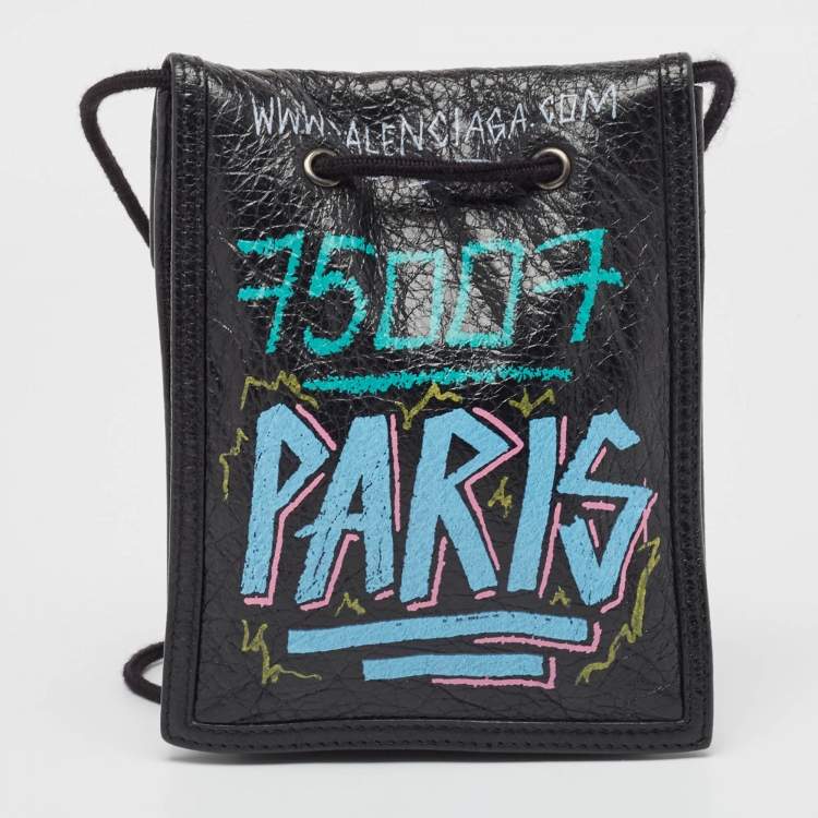 Pre Owned Balenciaga Black Crinkled Leather Graffiti Explorer Strap Pouch