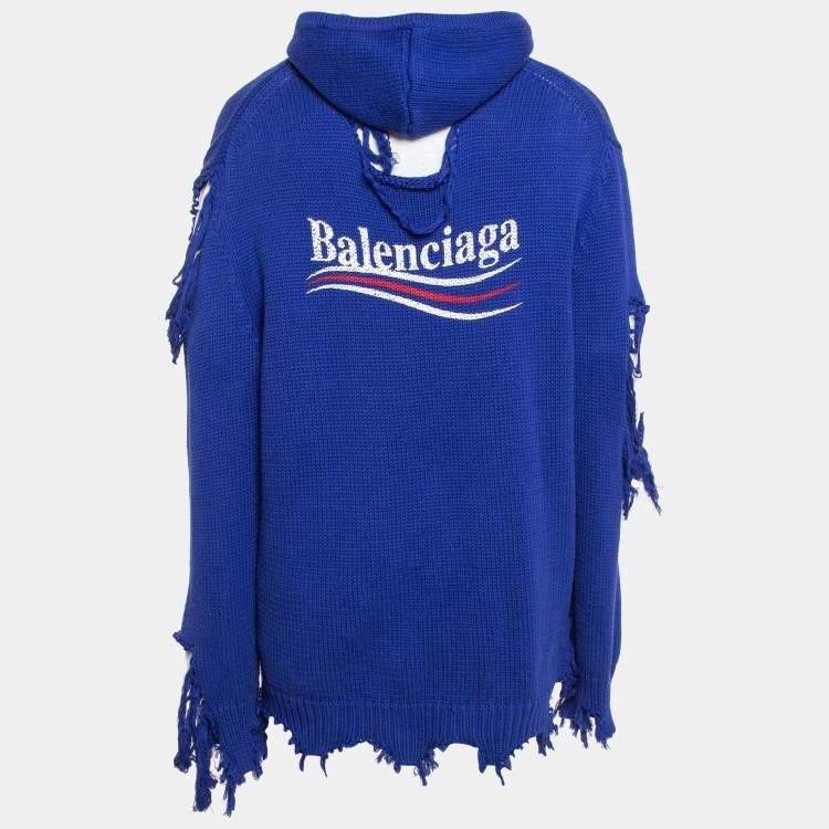 Pre Owned Balenciaga Blue Distressed Cotton Rib Layered Oversize Hoodie L