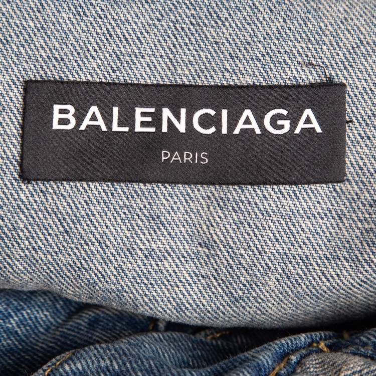 Pre Owned Balenciaga Blue 2017 Campaign Logo Denim Distressed Jacket L