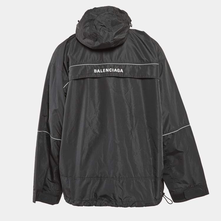 Pre Owned Balenciaga Black Logo Embroidered Ripstop Synthetic Oversize Hoodie S