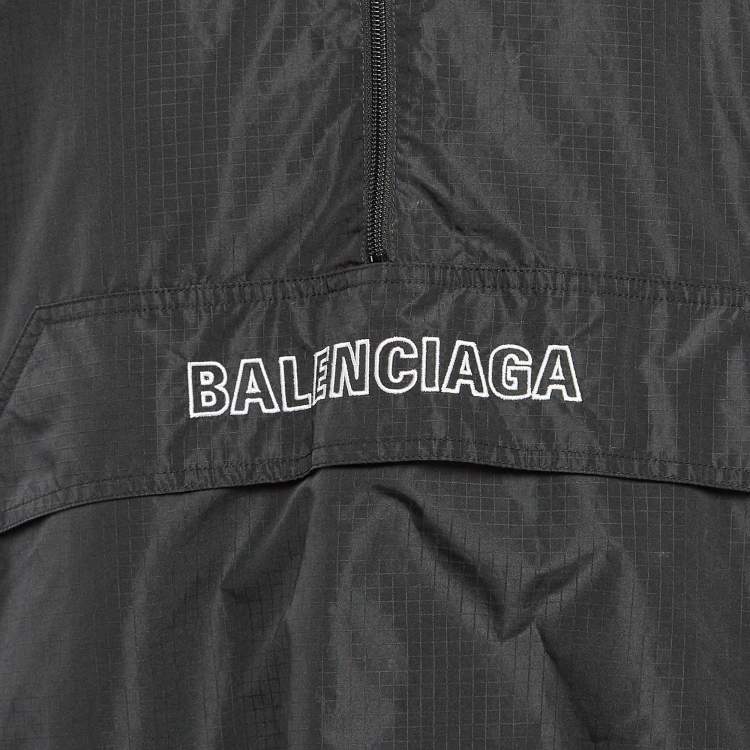 Pre Owned Balenciaga Black Logo Embroidered Ripstop Synthetic Oversize Hoodie S