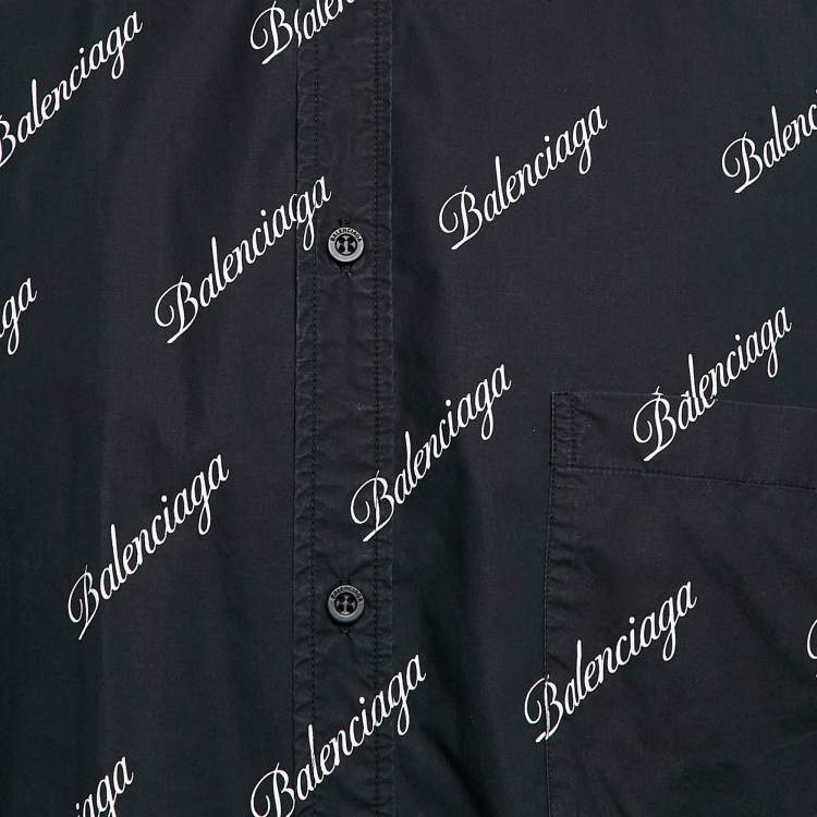 Pre Owned Balenciaga Navy Blue Monogram Print Button Front Oversize Shirt M