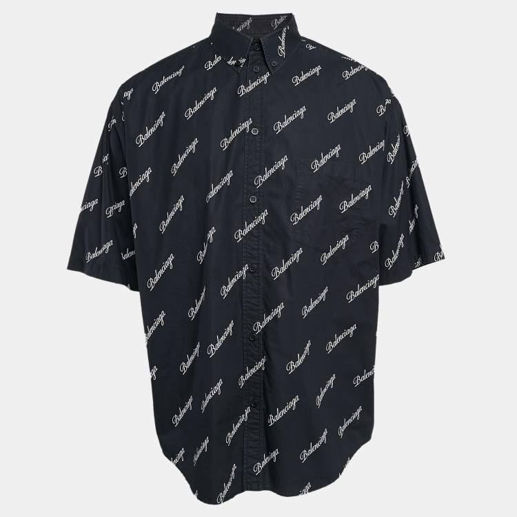 Pre Owned Balenciaga Navy Blue Monogram Print Button Front Oversize Shirt M
