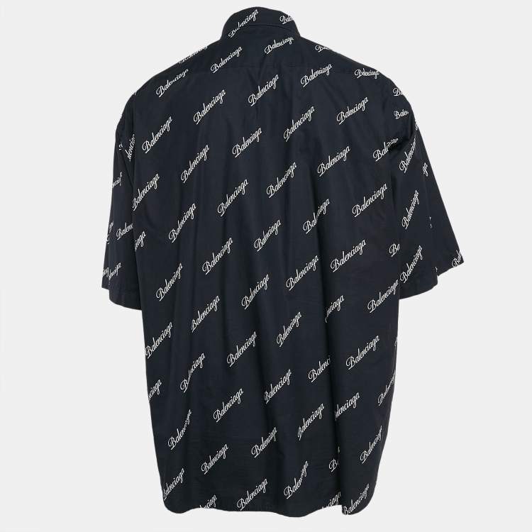 Pre Owned Balenciaga Navy Blue Monogram Print Button Front Oversize Shirt M