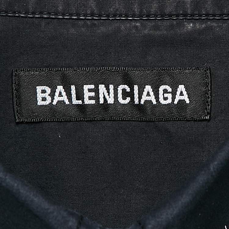 Pre Owned Balenciaga Navy Blue Monogram Print Button Front Oversize Shirt M