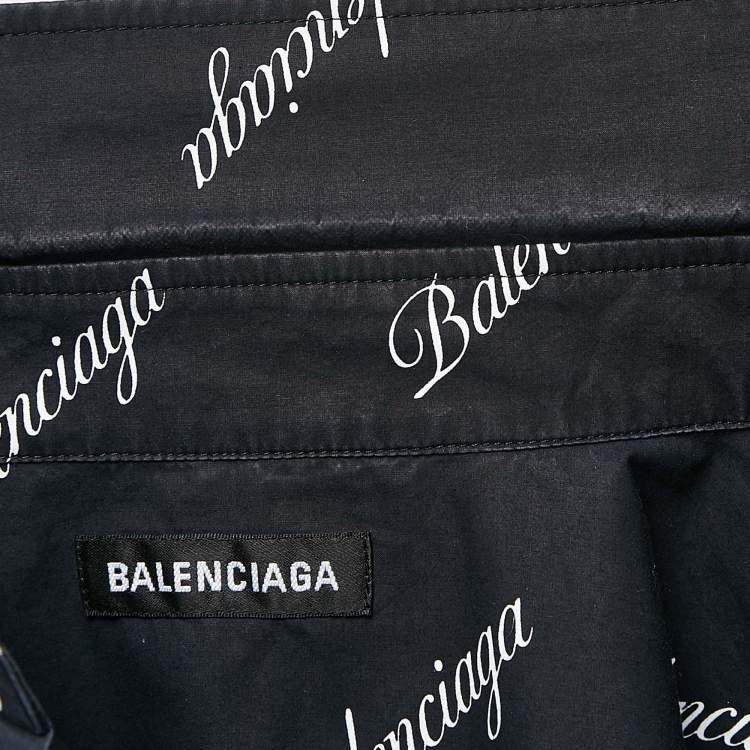 Pre Owned Balenciaga Navy Blue Monogram Print Button Front Oversize Shirt M
