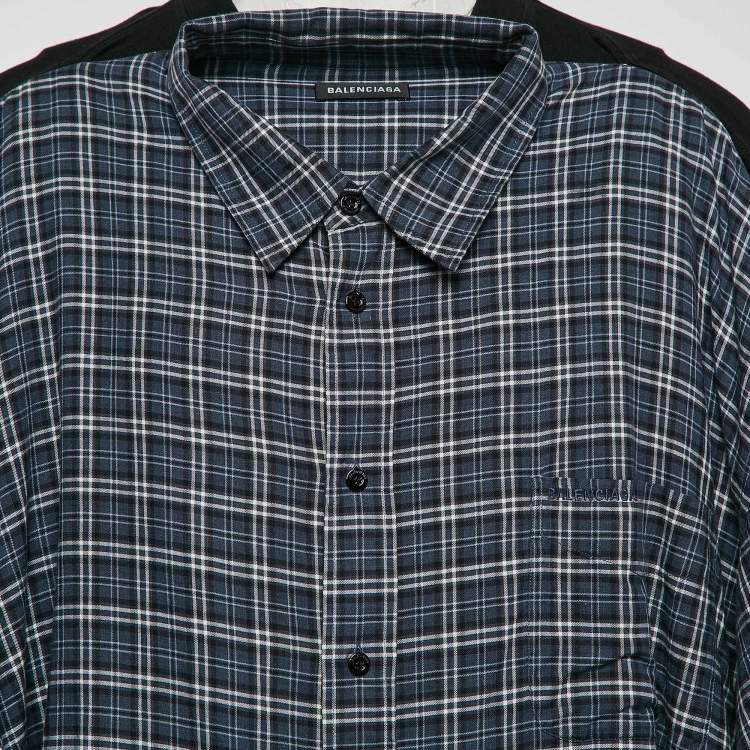 Pre Owned Balenciaga Black/Blue Checked Cotton and Jersey Shirt T-Shirt L
