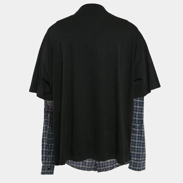 Pre Owned Balenciaga Black/Blue Checked Cotton and Jersey Shirt T-Shirt L