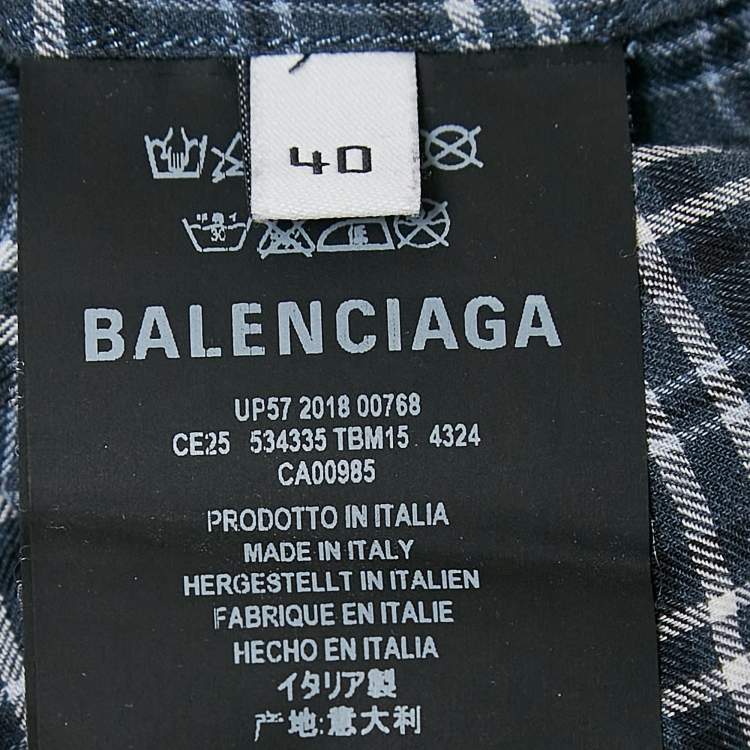 Pre Owned Balenciaga Black/Blue Checked Cotton and Jersey Shirt T-Shirt L