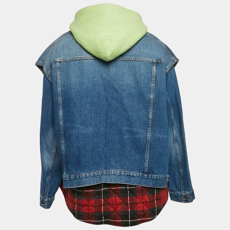Pre Owned Balenciaga Blue Checked Cotton and Denim Layered Jacket S