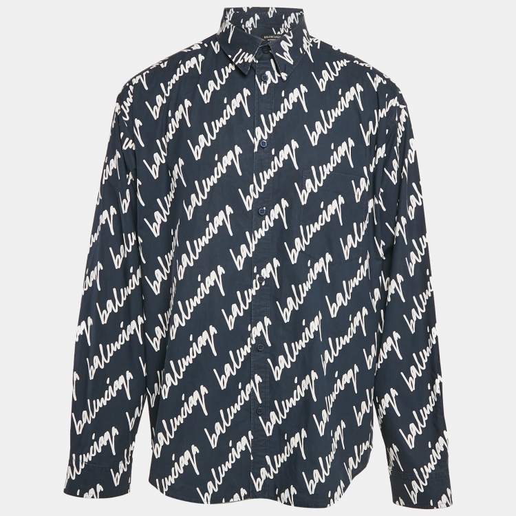 Pre Owned Balenciaga Navy Blue Logo All Over Cotton Long Sleeve Shirt M