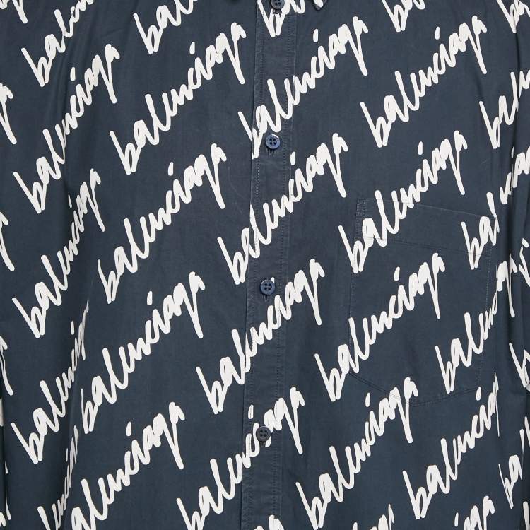 Pre Owned Balenciaga Navy Blue Logo All Over Cotton Long Sleeve Shirt M