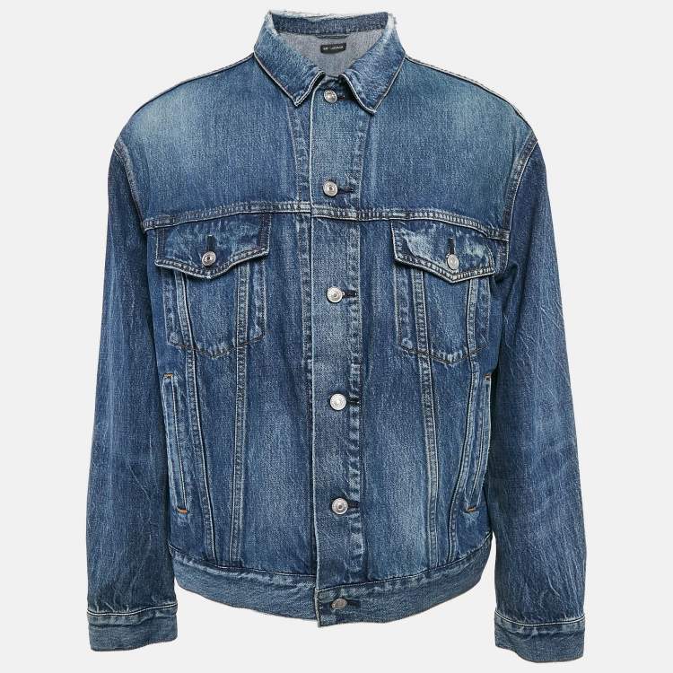 Pre Owned Balenciaga Blue Dirty Light Blue Denim Distressed Collar Jacket M