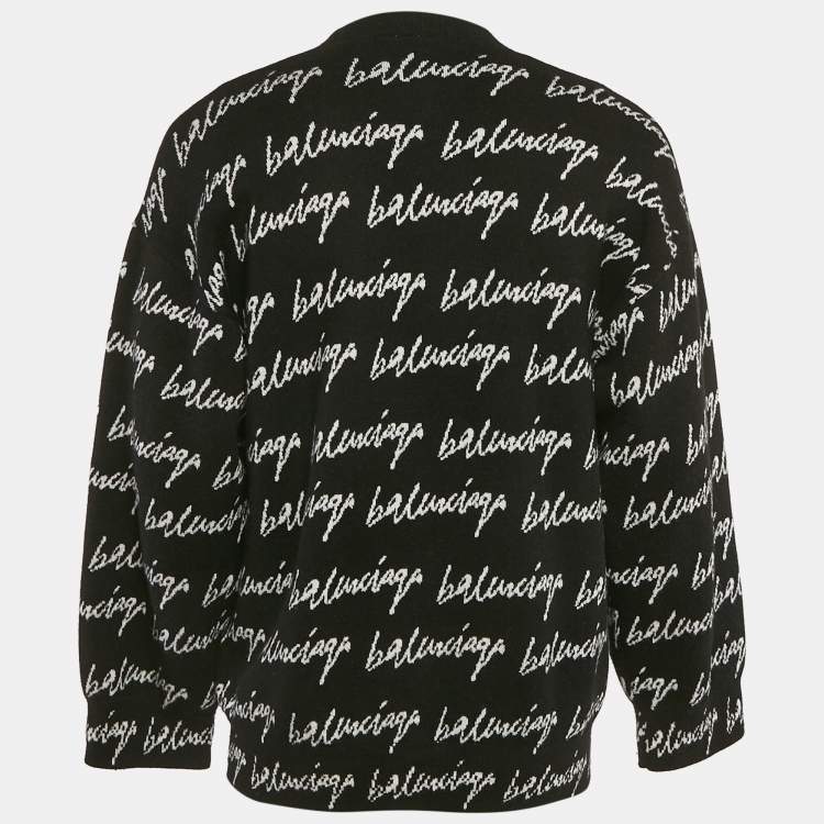 Pre Owned Balenciaga Black Logo Jacquard Knit Crew Neck Jumper S