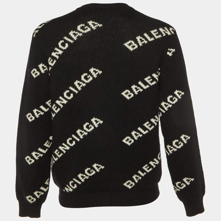 Pre Owned Balenciaga Black Logo Intarsia Wool Knit Crew Neck Jumper S