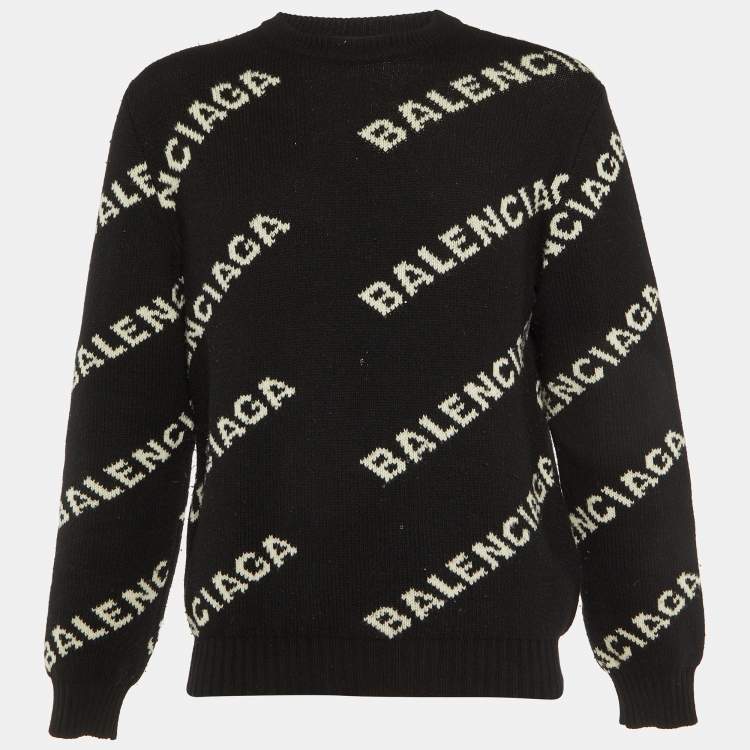 Pre Owned Balenciaga Black Logo Intarsia Wool Knit Crew Neck Jumper S