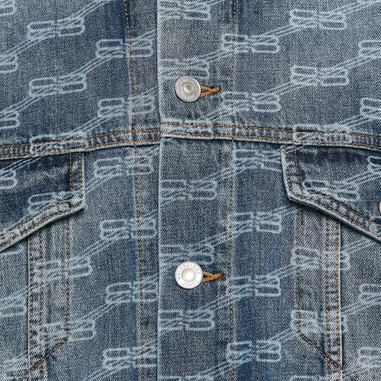 Pre Owned Balenciaga Unifit Blue Logo Pattern Denim Oversized Jacket S