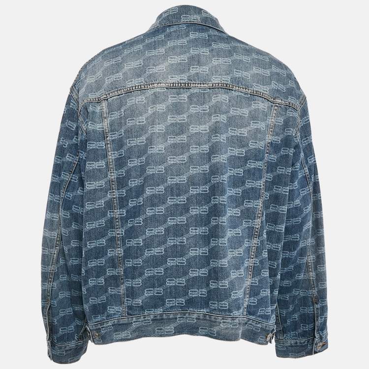 Pre Owned Balenciaga Unifit Blue Logo Pattern Denim Oversized Jacket S
