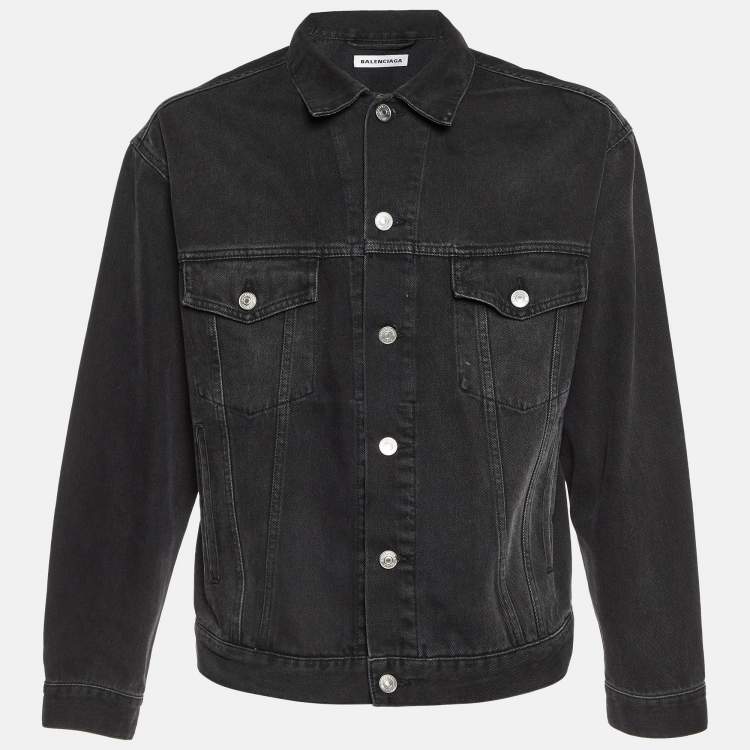 Pre Owned Balenciaga Grey Rhinestone Logo Denim Oversized Jacket XS