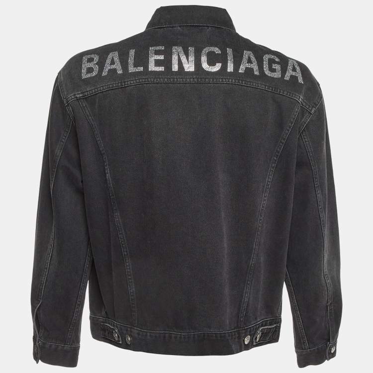 Balenciaga Grey Rhinestone Logo Denim Oversized Jacket XS