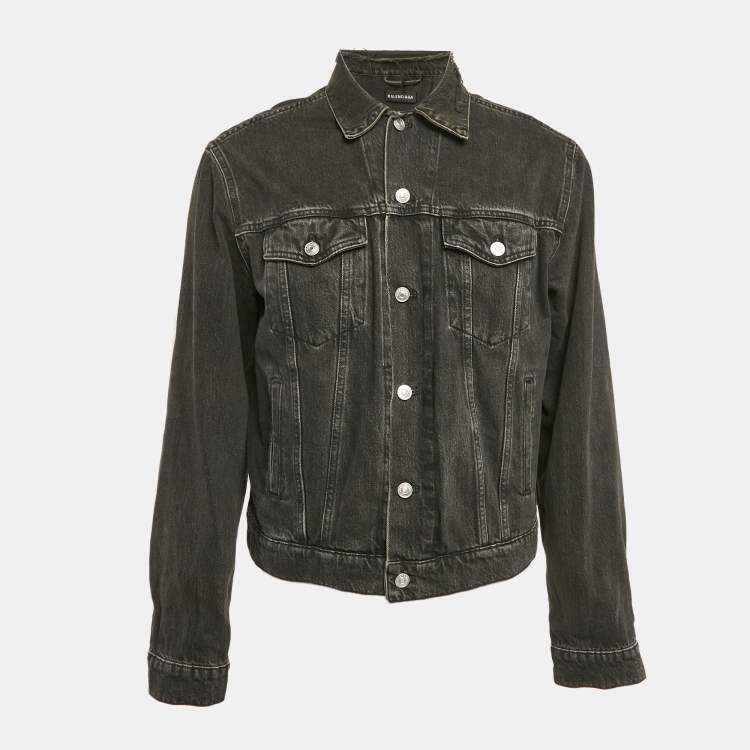 Pre Owned Balenciaga Black Denim Logo Embroidered Frayed Collar Jacket L 