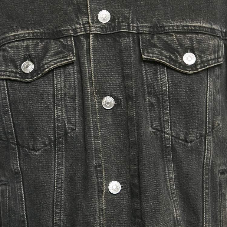 Pre Owned Balenciaga Black Denim Logo Embroidered Frayed Collar Jacket L 