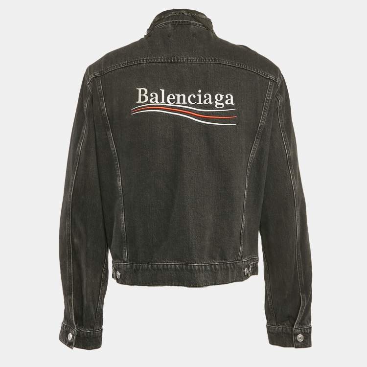 Pre Owned Balenciaga Black Denim Logo Embroidered Frayed Collar Jacket L 