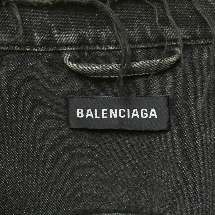 Pre Owned Balenciaga Black Denim Logo Embroidered Frayed Collar Jacket L 