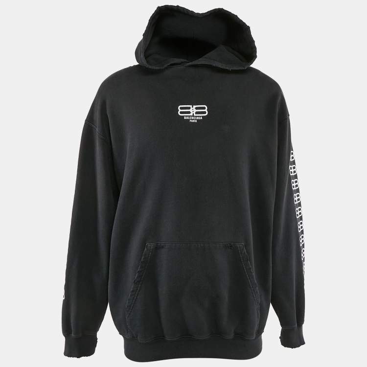 Pre Owned Balenciaga Black Logo Embroidery Cotton Distressed Hoodie S