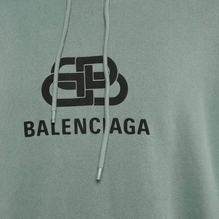 Pre Owned Balenciaga Blue Logo Print Cotton Knit Hoodie M