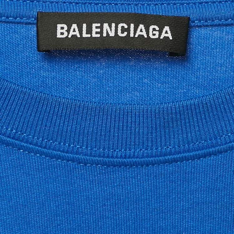 Pre Owned Balenciaga Blue Logo Print Jersey Oversized T-Shirt L