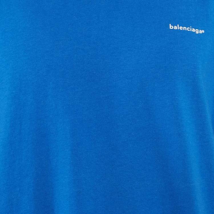 Pre Owned Balenciaga Blue Logo Print Jersey Oversized T-Shirt L