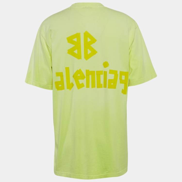 Pre Owned Balenciaga Unisex Florescent Yellow Tape Logo Print Jersey Oversized T-Shirt XXS