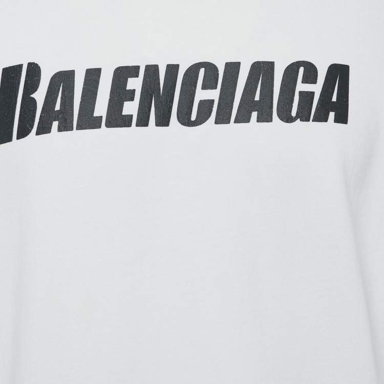 Pre Owned Balenciaga Unifit White Logo Print Distressed Jersey Boxy T-Shirt XXS