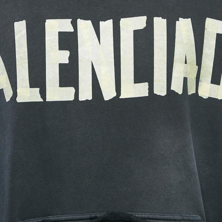 Pre Owned Balenciaga Black Washed Tape Type Logo Print Cotton Distressed Hoodie Sweatshirt S