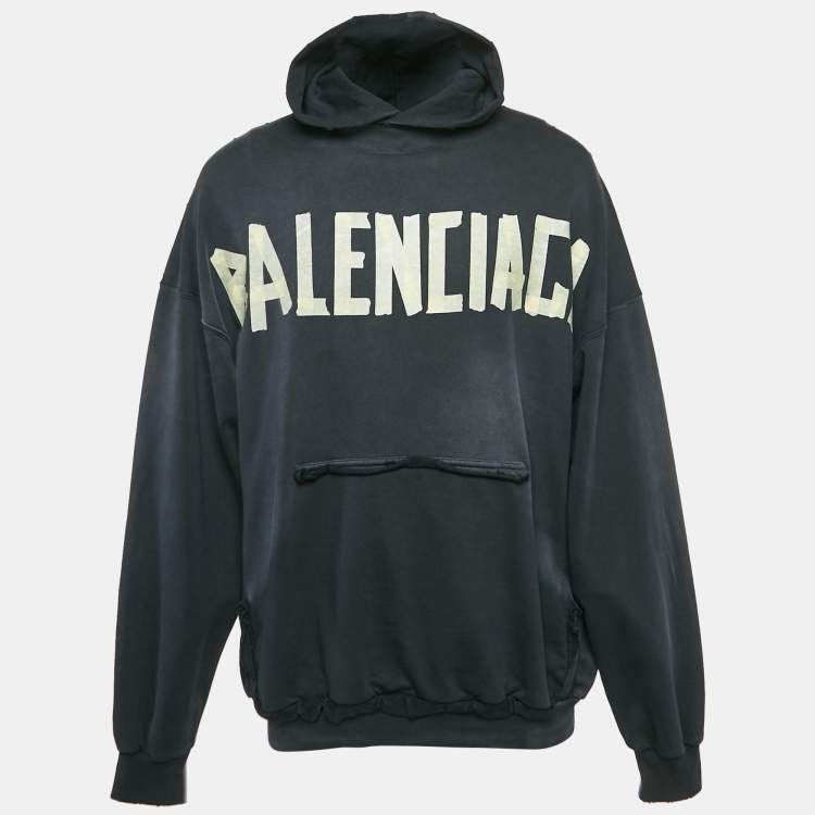 Pre Owned Balenciaga Black Washed Tape Type Logo Print Cotton Distressed Hoodie Sweatshirt S