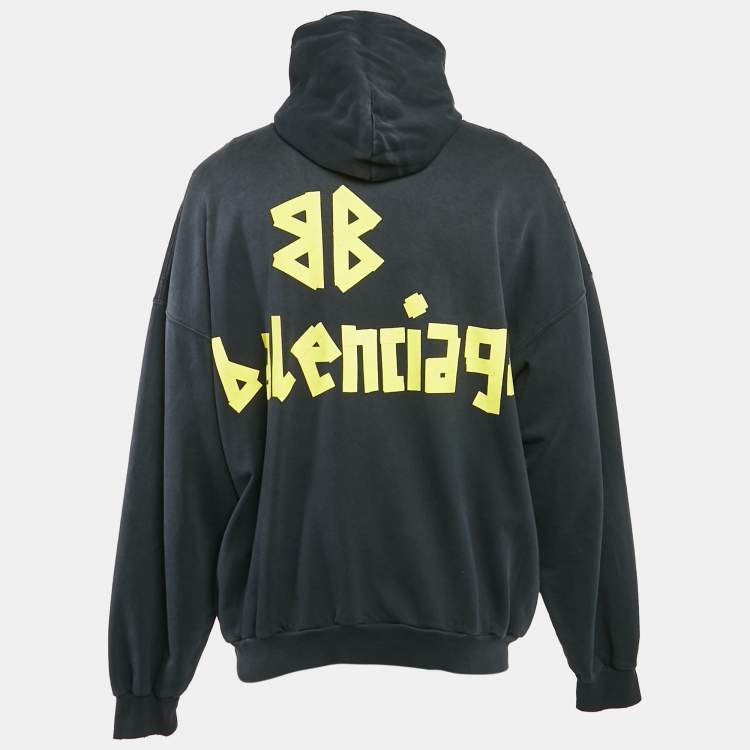 Pre Owned Balenciaga Black Washed Tape Type Logo Print Cotton Distressed Hoodie Sweatshirt S